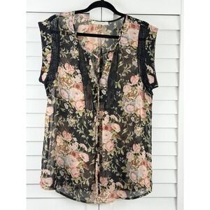 Daniel Rainn Floral Blouse Womens L Black Pink Crochet Trim Sleeveless V-Neck